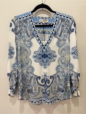 Blue & White Paisley V-Neck Blouse